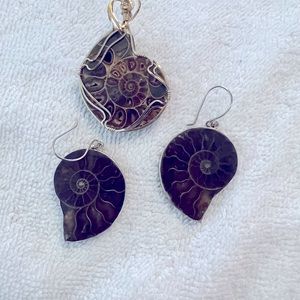 Fossil Pendant and Earrings- Authentic. Pendant wrapped in gold wire. Stunning!